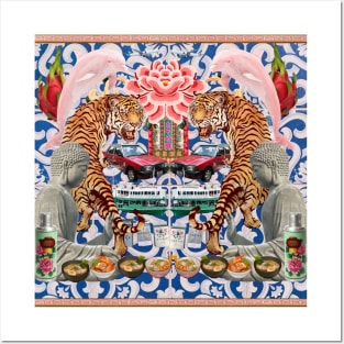 Tigers & Pink Dolphins Blue Pattern - Retro Hong Kong Posters and Art